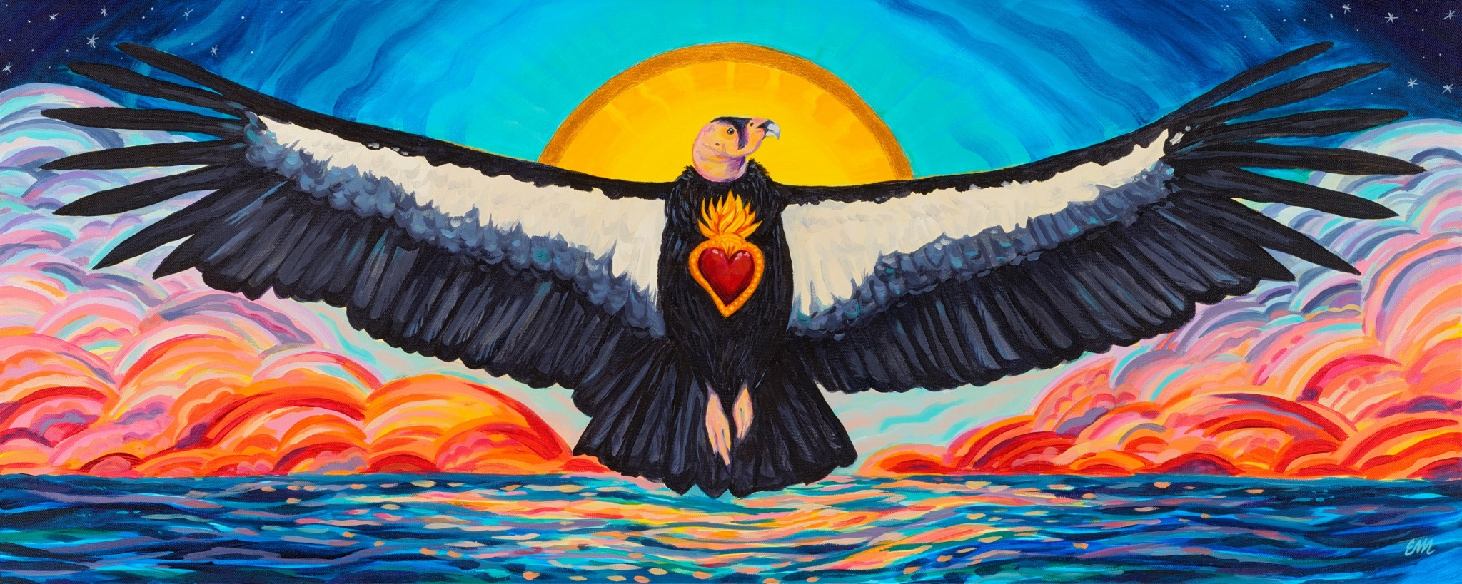 A bird with outstretched wings flying over water with a sun and colorful sky in background.