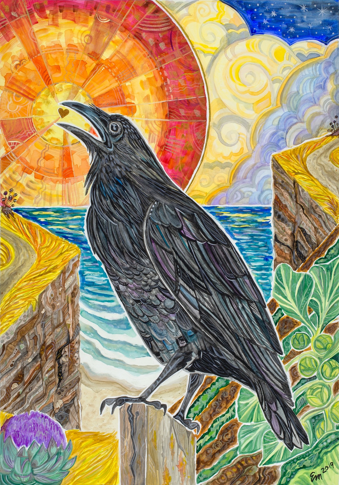 Black crow perched on a rock near a beach with colorful cliffs and a bright sun in the sky.