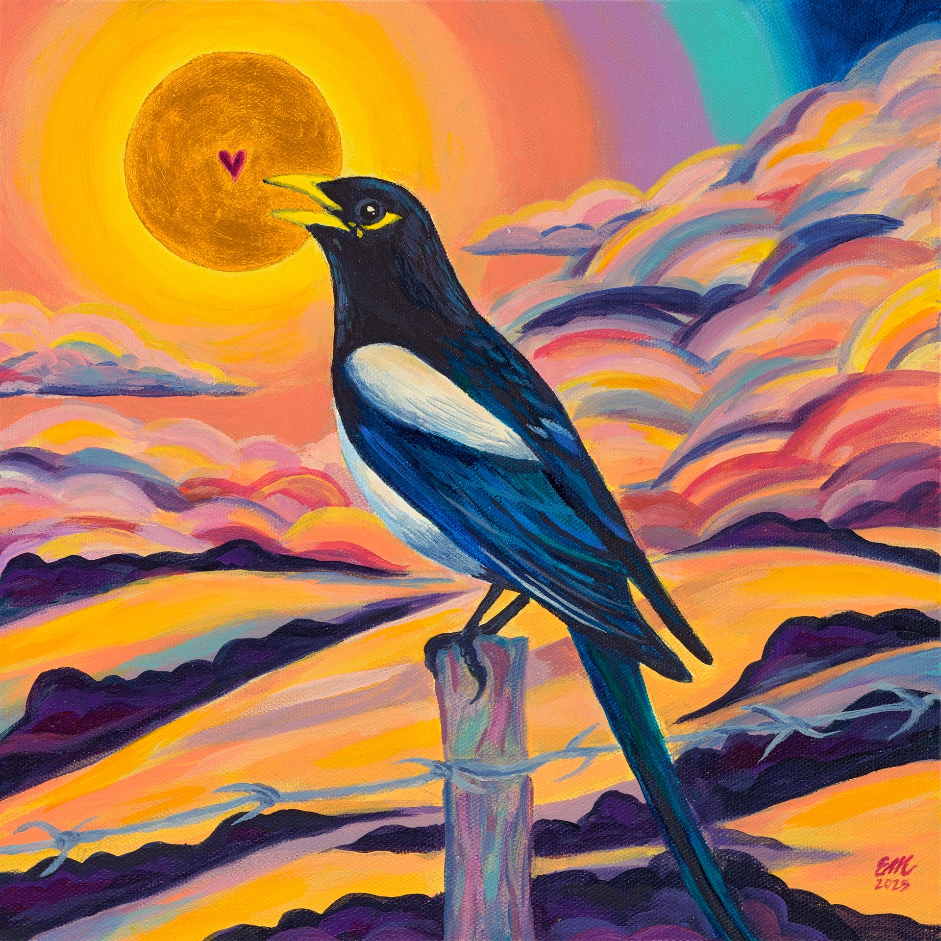 A bird with a small heart-shaped mark in front of a colorful sunset sky with clouds and a large sun.