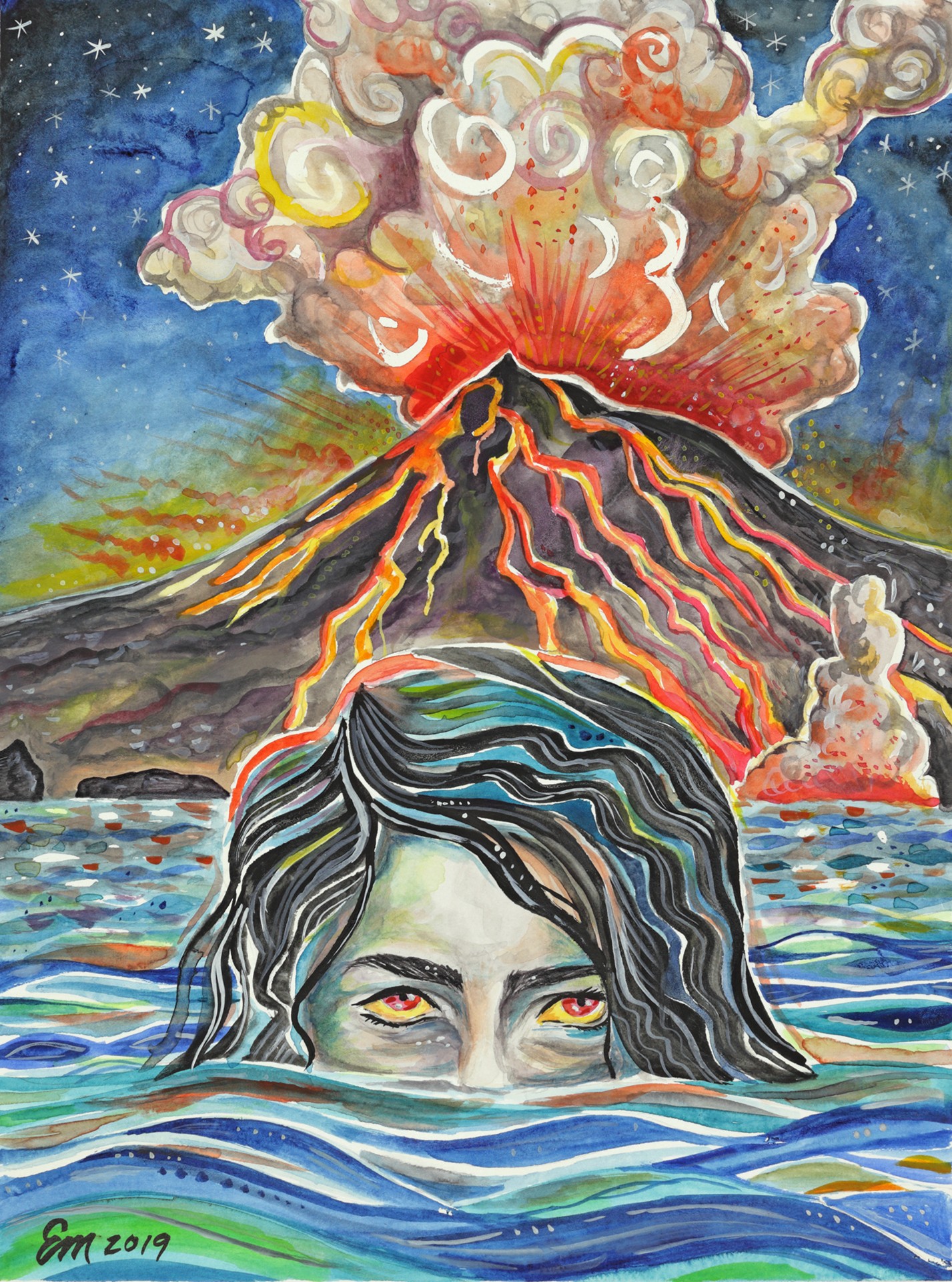 Person with dark, wavy hair partially submerged in water, volcano erupting with ash and smoke in background, starry sky.