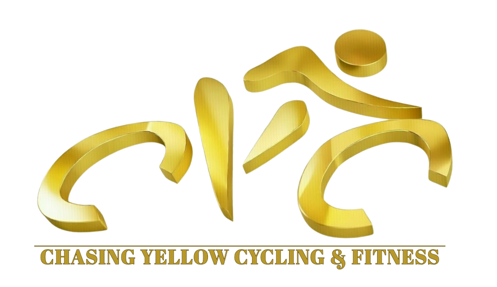 Gold stylized cyclist figure above text 'Chasing Yellow Cycling & Fitness' on black background.