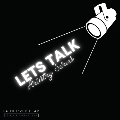 Design with a camera illustration and text reading 'LETS TALK' and 'Audrey Sriel' on a black background.