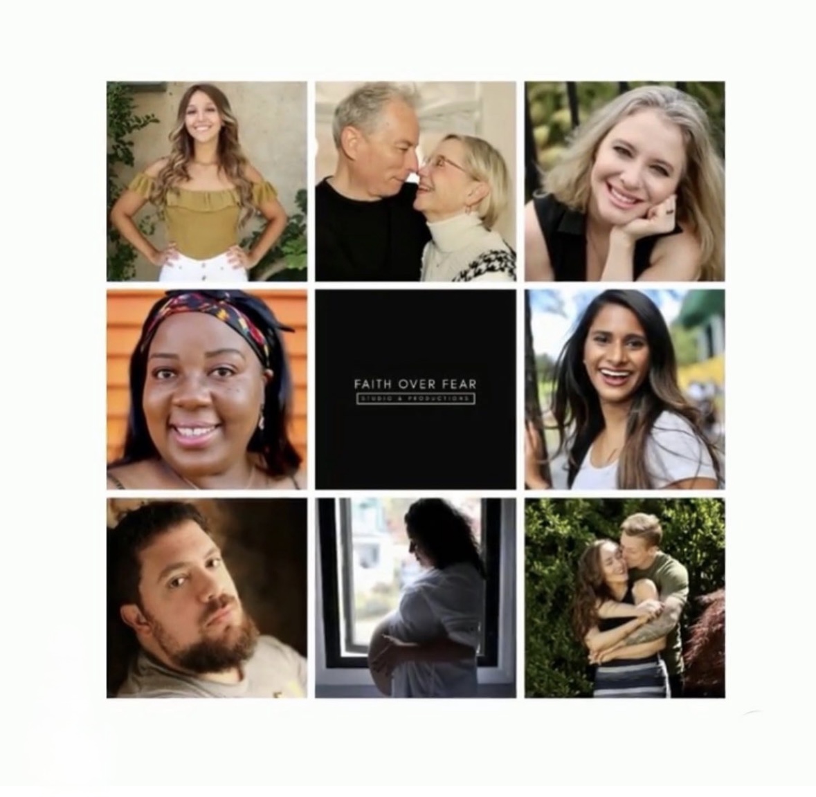 Collage of nine images, including smiling people, a person looking out a window, and a central text block.