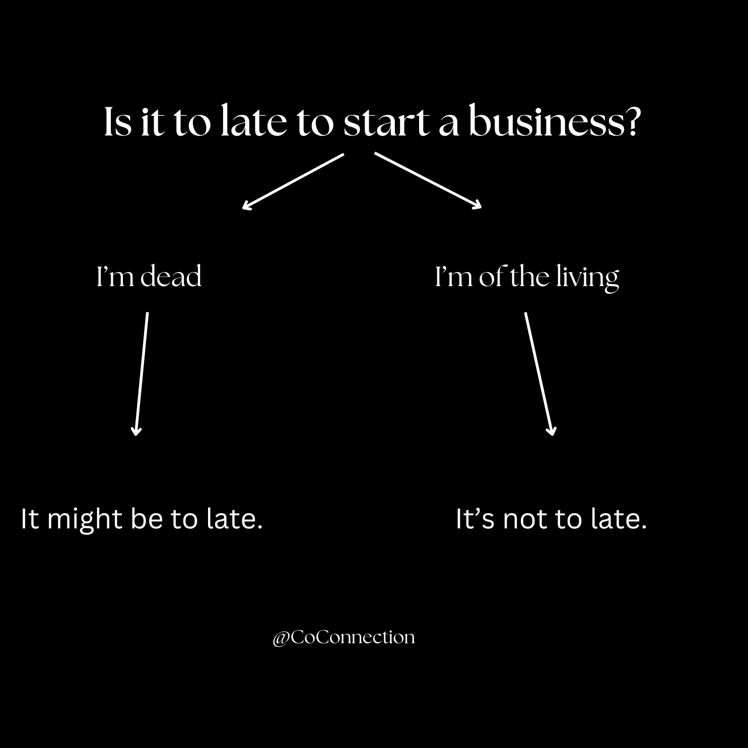 Flowchart with question about starting a business, options 'I'm dead' or 'I'm of the living,' leading to 'It might be too late' or 'It's not too late.'