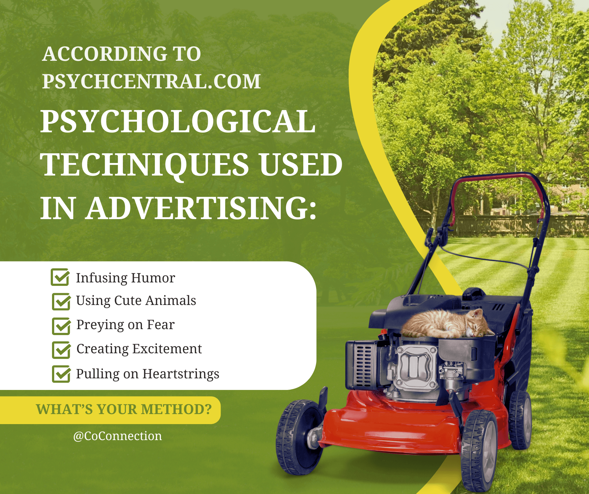 Lawn mower on grass with trees in background, green and yellow design, text about psychological techniques in advertising.