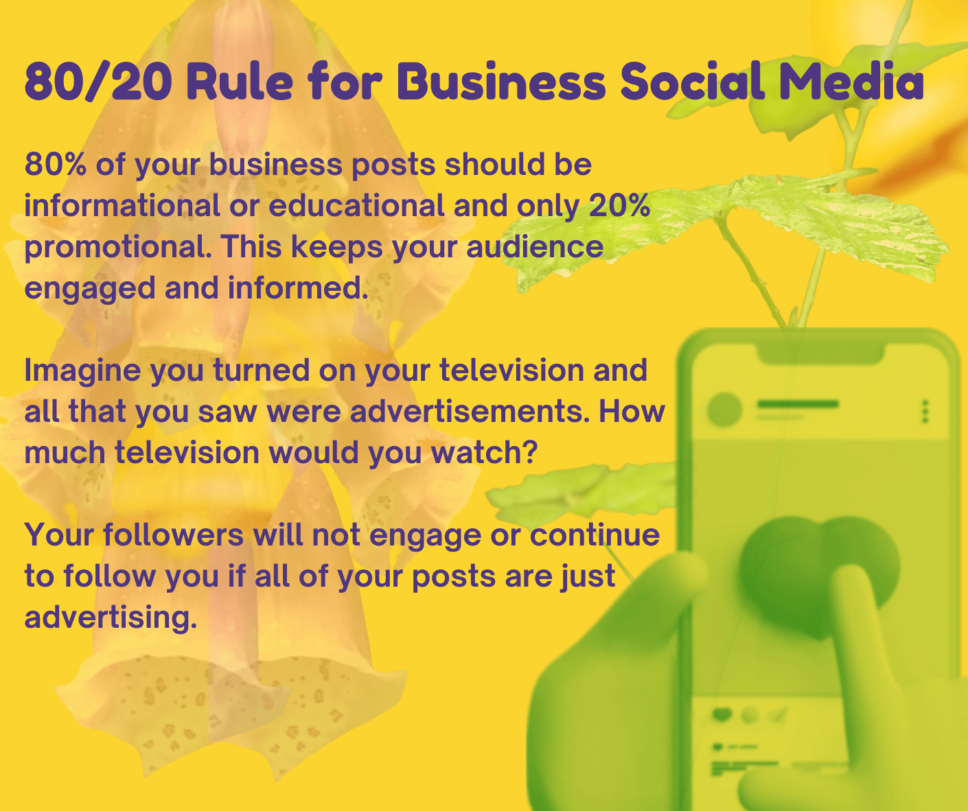 Text about 80/20 rule for business social media with a hand holding a smartphone and a plant in the background.