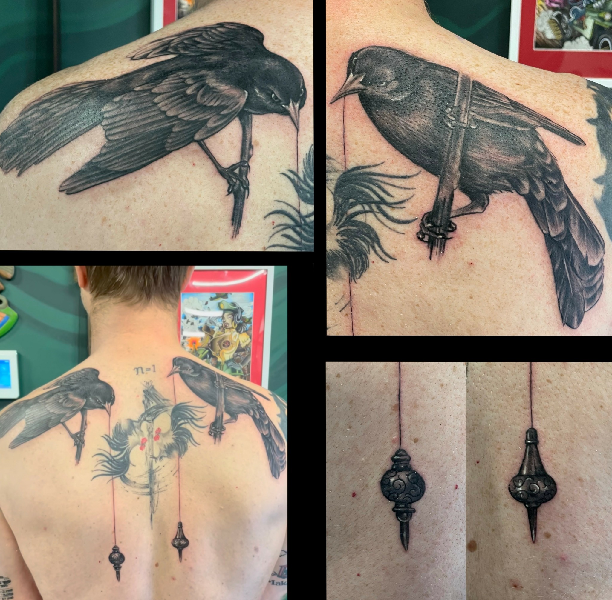 Four tattoos: two black crows, one with a sword, one with a dagger, and two hanging ornaments on skin.
