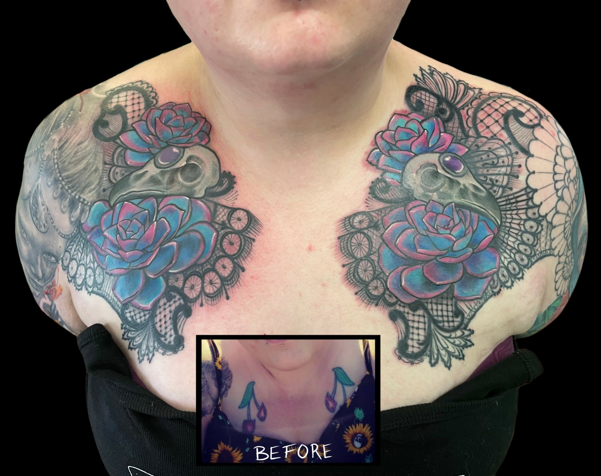 Colorful floral tattoos with skulls and lace details on person's shoulders and chest.