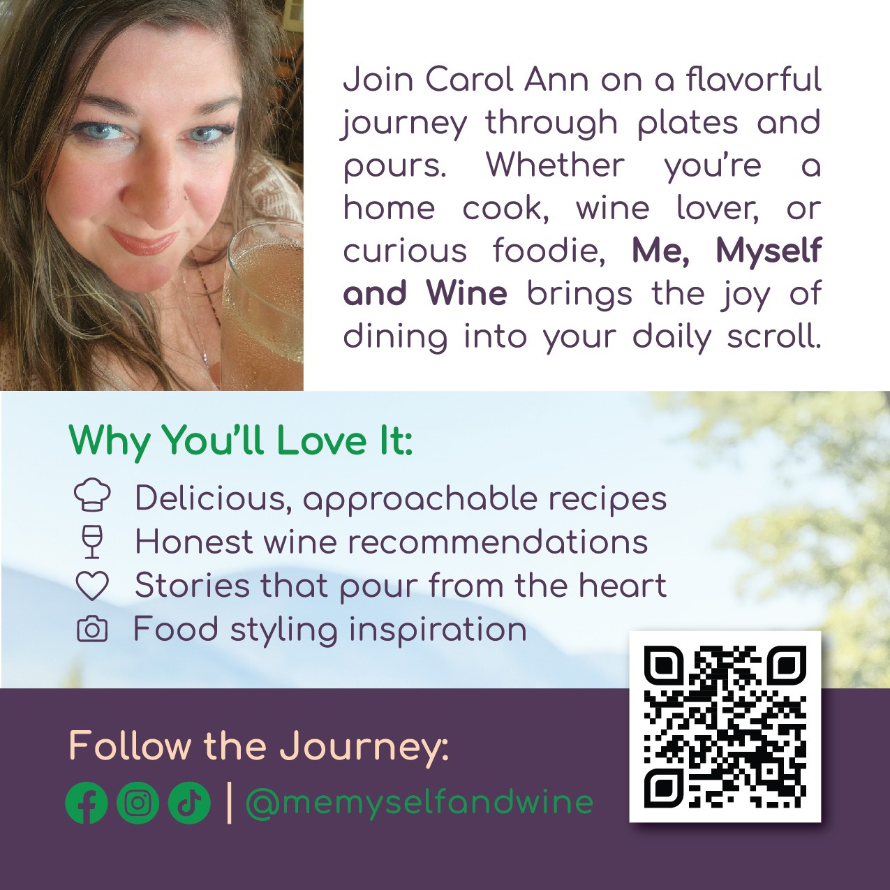 Close-up of a woman with long hair and blue eyes, smiling, with text about wine and food journey, and a QR code.