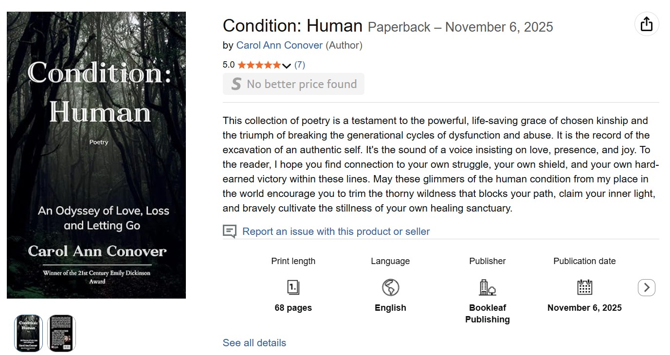 Book cover titled 'Condition: Human' by Carol Ann Conover, with a black and white image of a person and text.