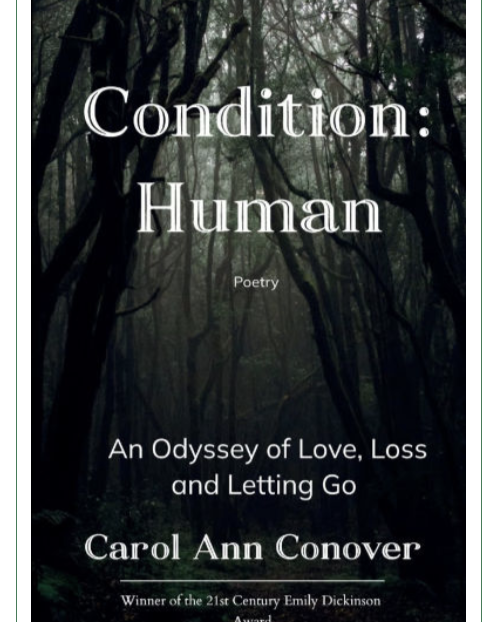 Forest with dark trees and fog, book title and author overlayed, poetic theme, somber mood.