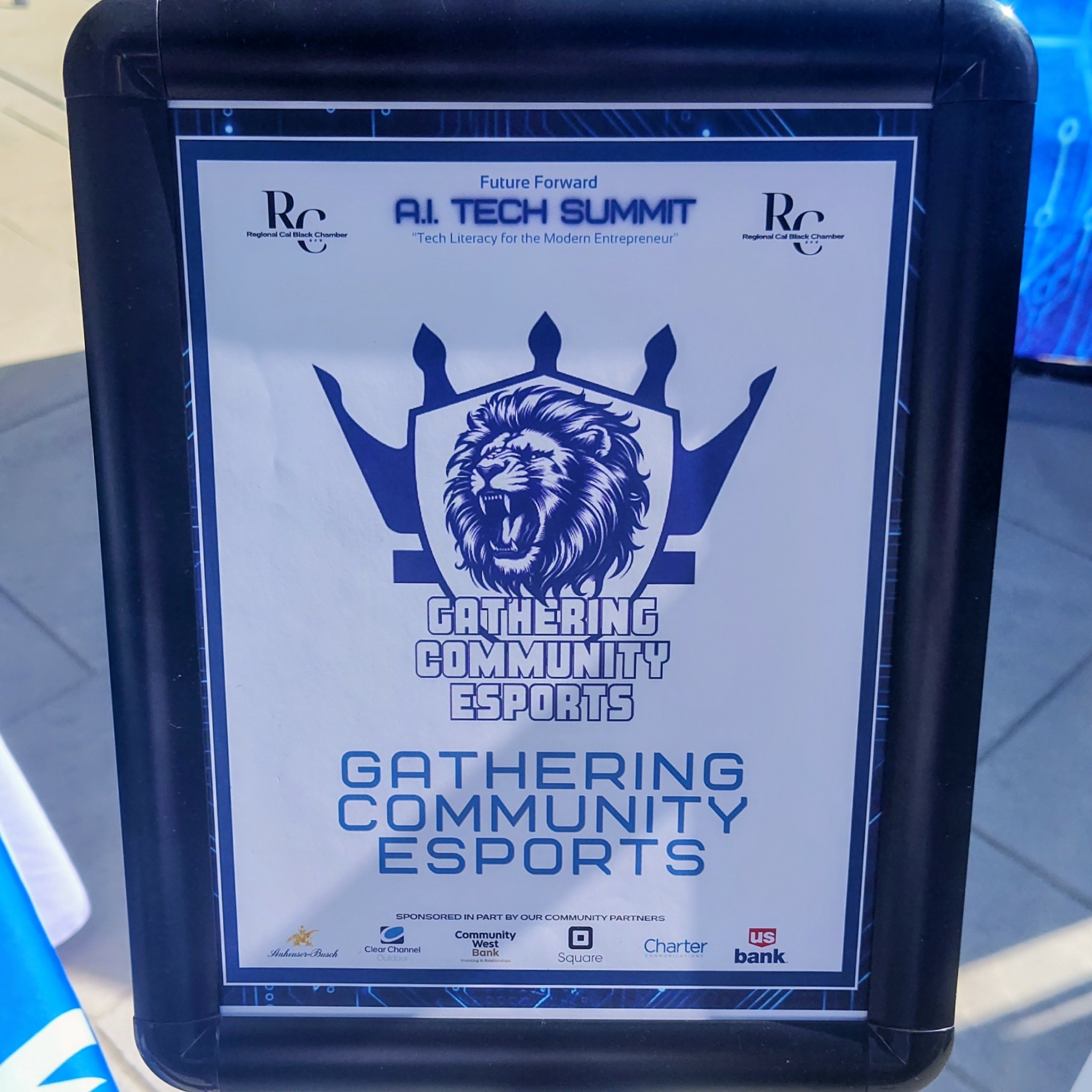 Framed poster for an esports community gathering event with a lion logo and event details.