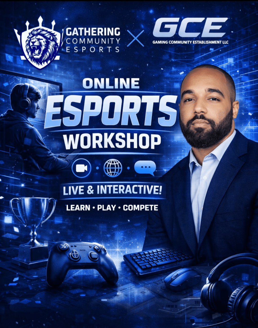 Promotional poster for online esports workshop with a man in a suit, gaming controller, headset, and digital background.
