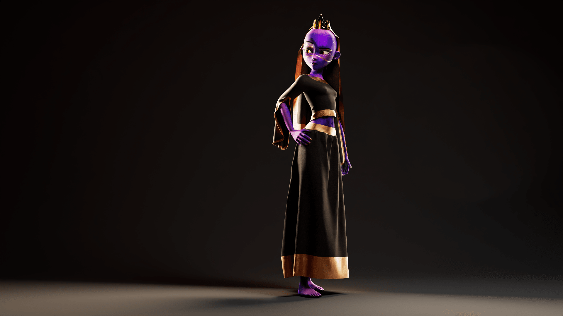 Purple anthropomorphic character with a crown, black top, long black skirt, standing in a dark space.