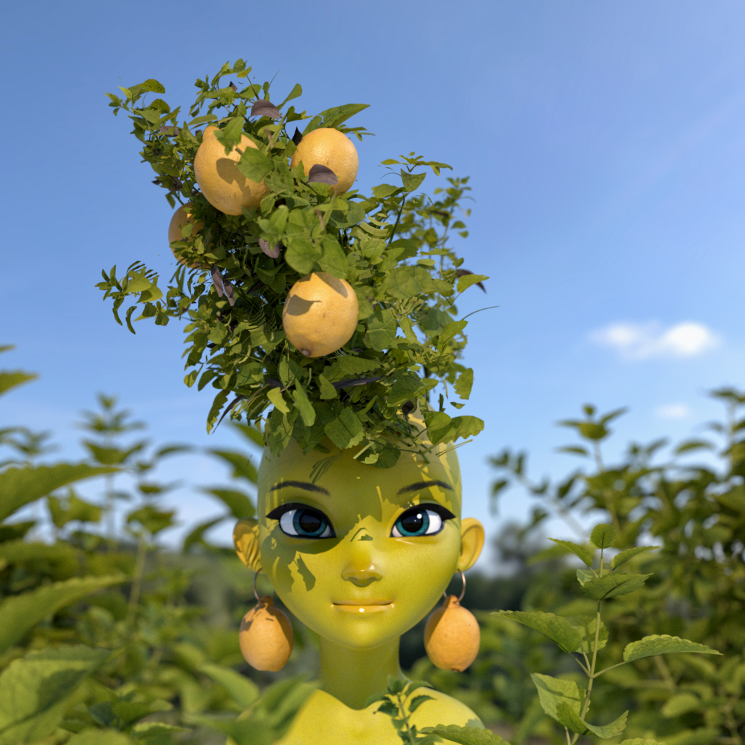 A doll with green skin, large eyes, and earrings, with a plant and apples on its head, outdoors under a blue sky.