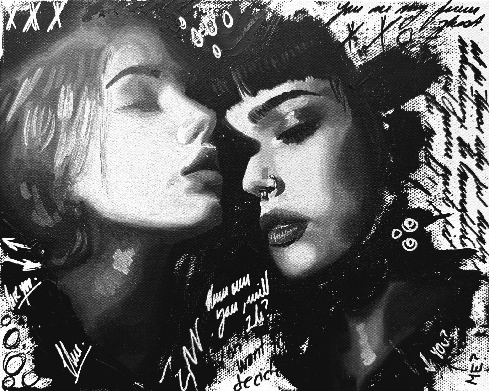 Two women face each other closely, with handwritten text and doodles surrounding them, in black and white.