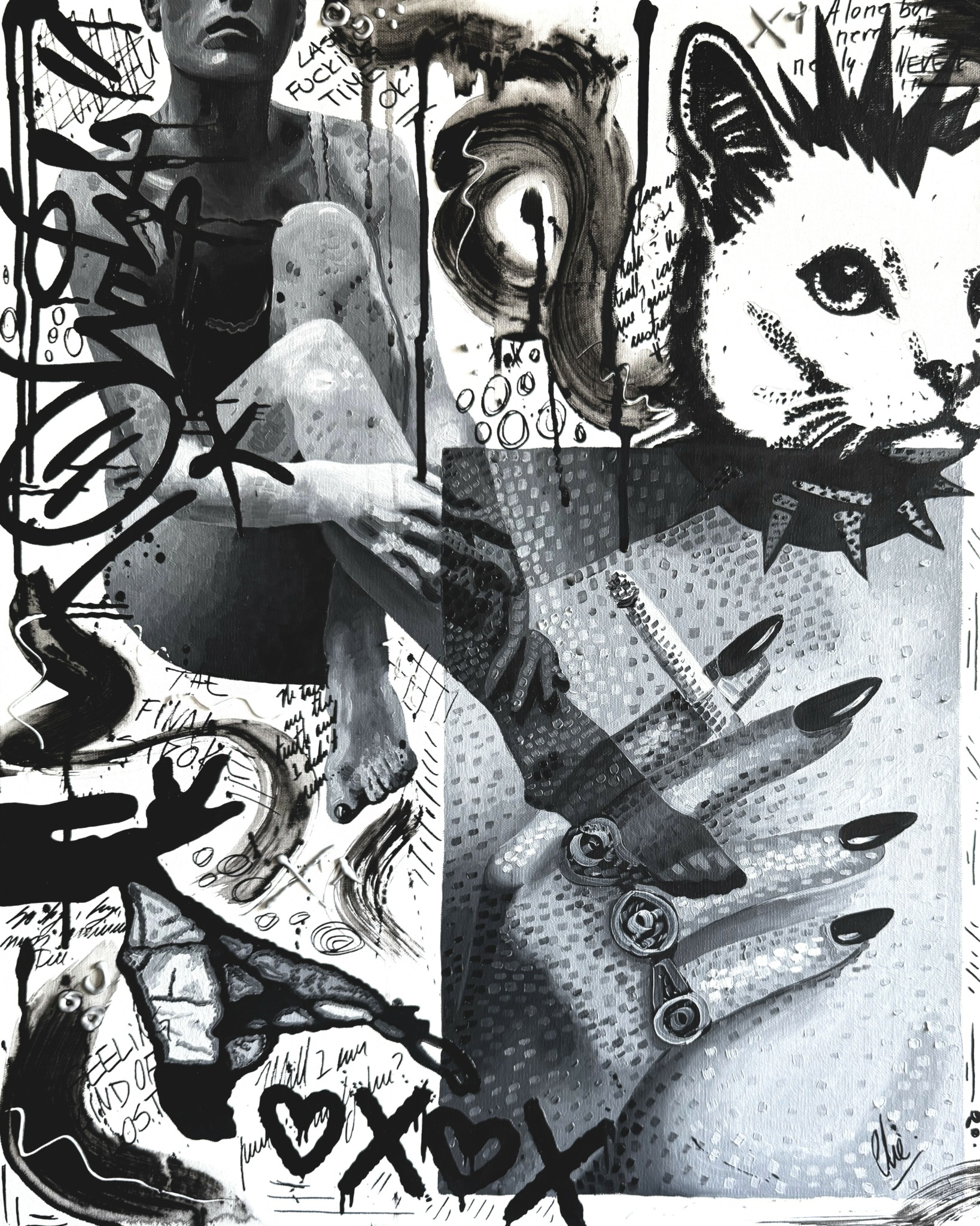 Mixed media artwork with a woman, a wolf, abstract shapes, and graffiti elements in black, white, and gray tones.