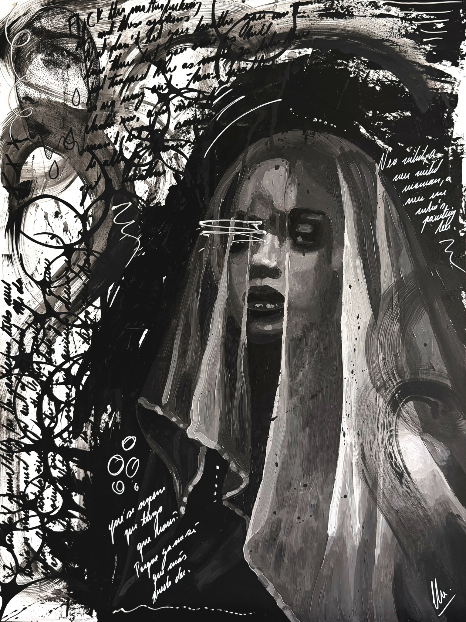 Black and white portrait of a woman with long hair, surrounded by abstract scribbles and text, with a serious expression.