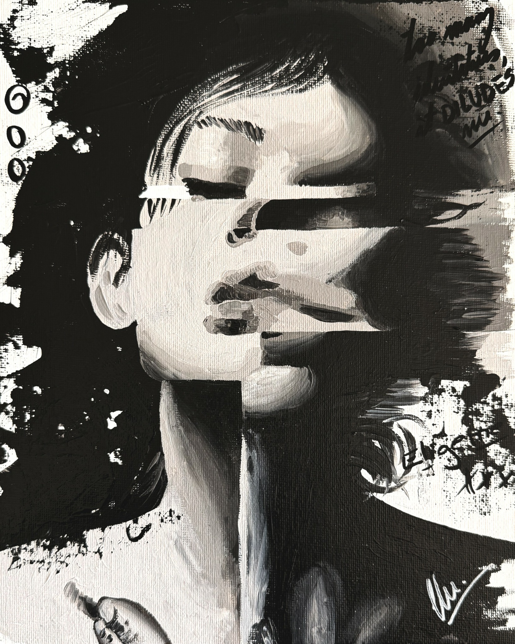 Abstract black and white portrait of a person with distorted facial features and hair, with expressive brush strokes.