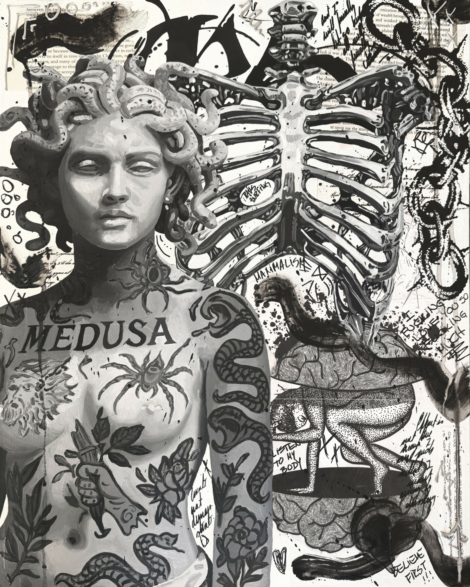 Black and white collage featuring Medusa's head, snake hair, skeletal ribcage, and various artistic elements.