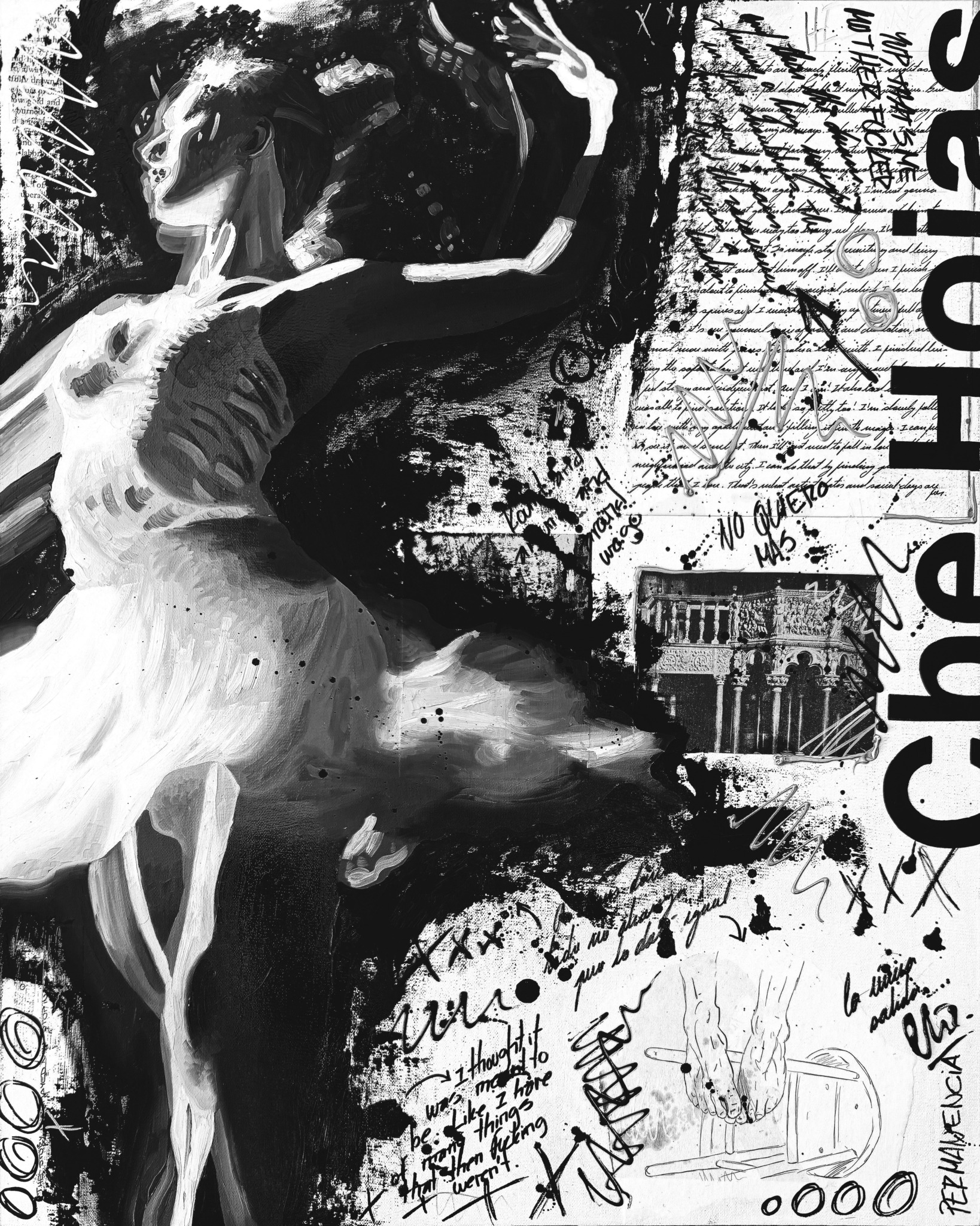Black and white illustration of a ballerina in a tutu, with abstract background and text reading 'Café Hais'.