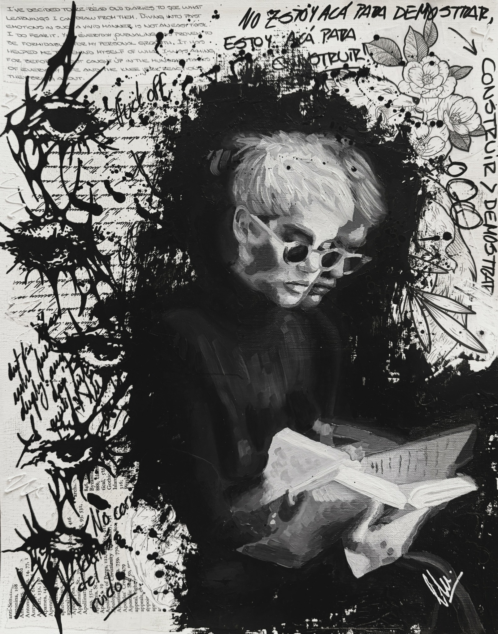 Person with a skull mask reading a book, surrounded by graffiti and abstract black ink splatters.
