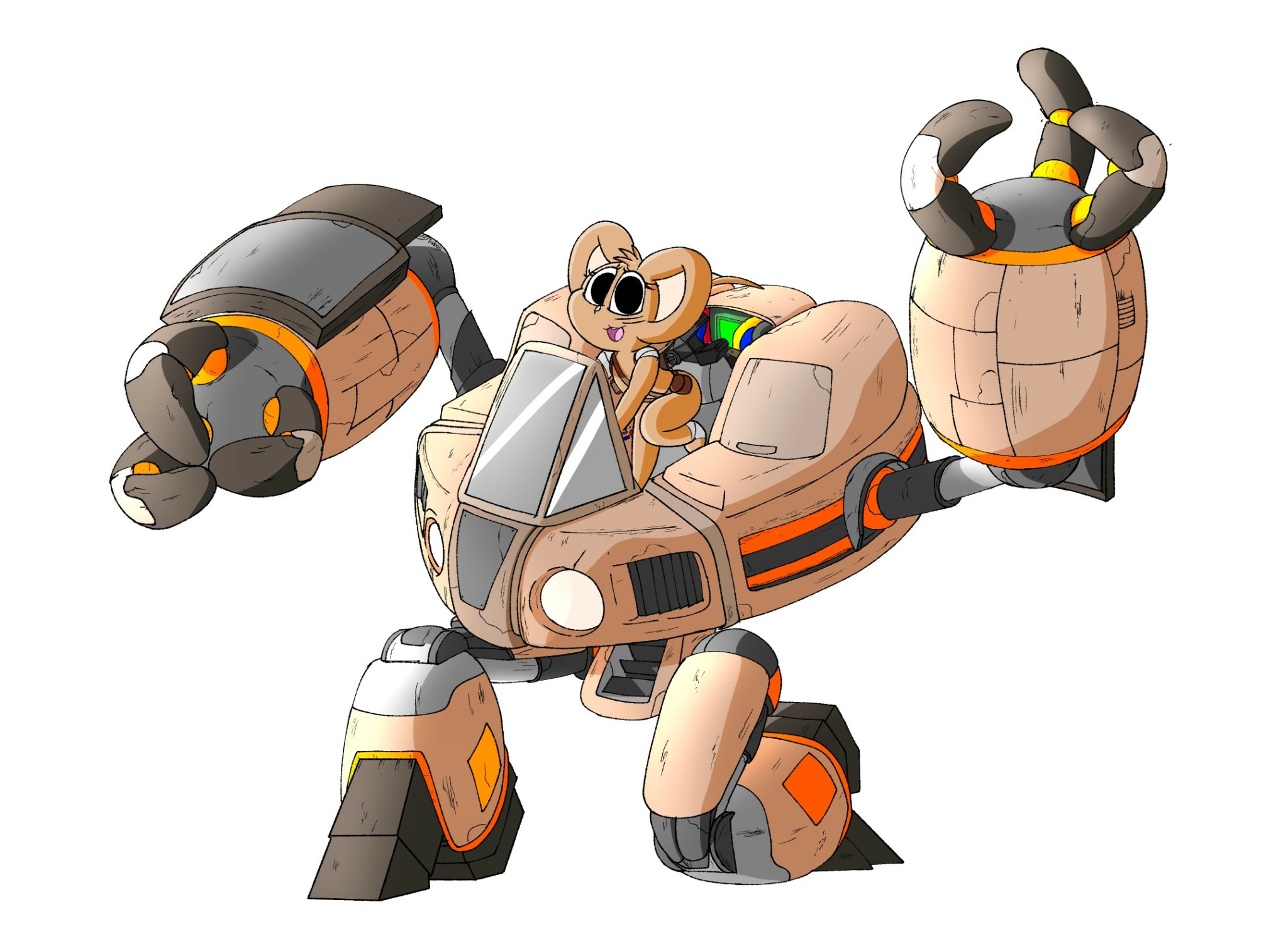Cartoon robot with a mouse character in a vehicle with large mechanical arms and bombs.