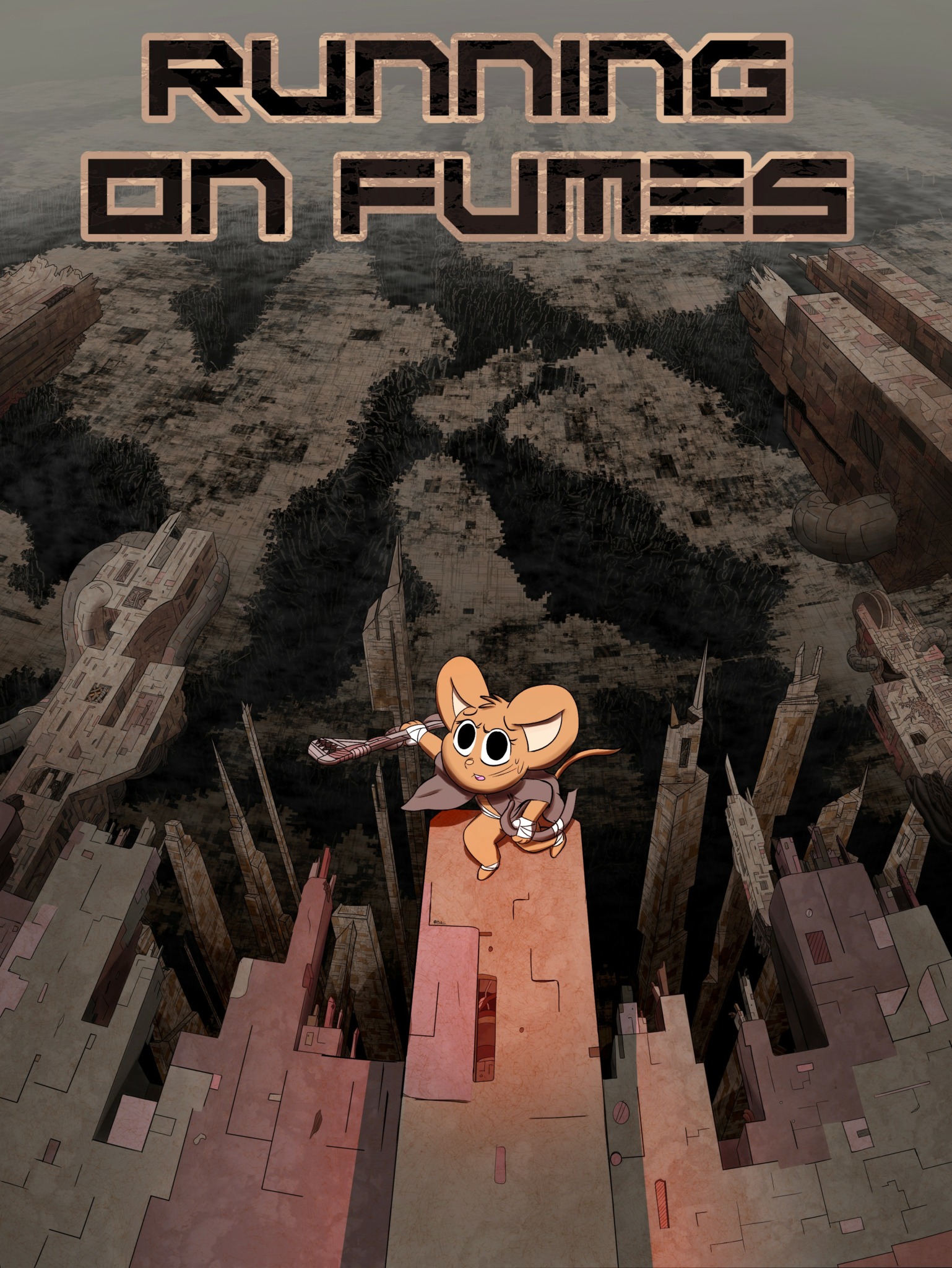 A cartoon mouse character standing on a pink platform amidst destroyed buildings with dark smoke and debris in the background.