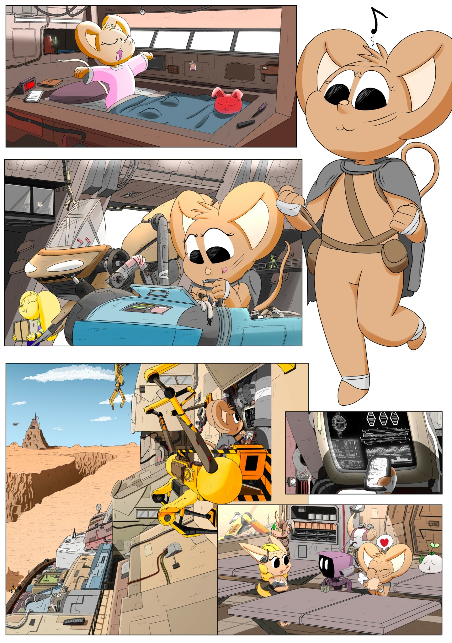 Three scenes: a girl sleeping in bed, a cat working at a computer, and a robot in a desert landscape with a dog.