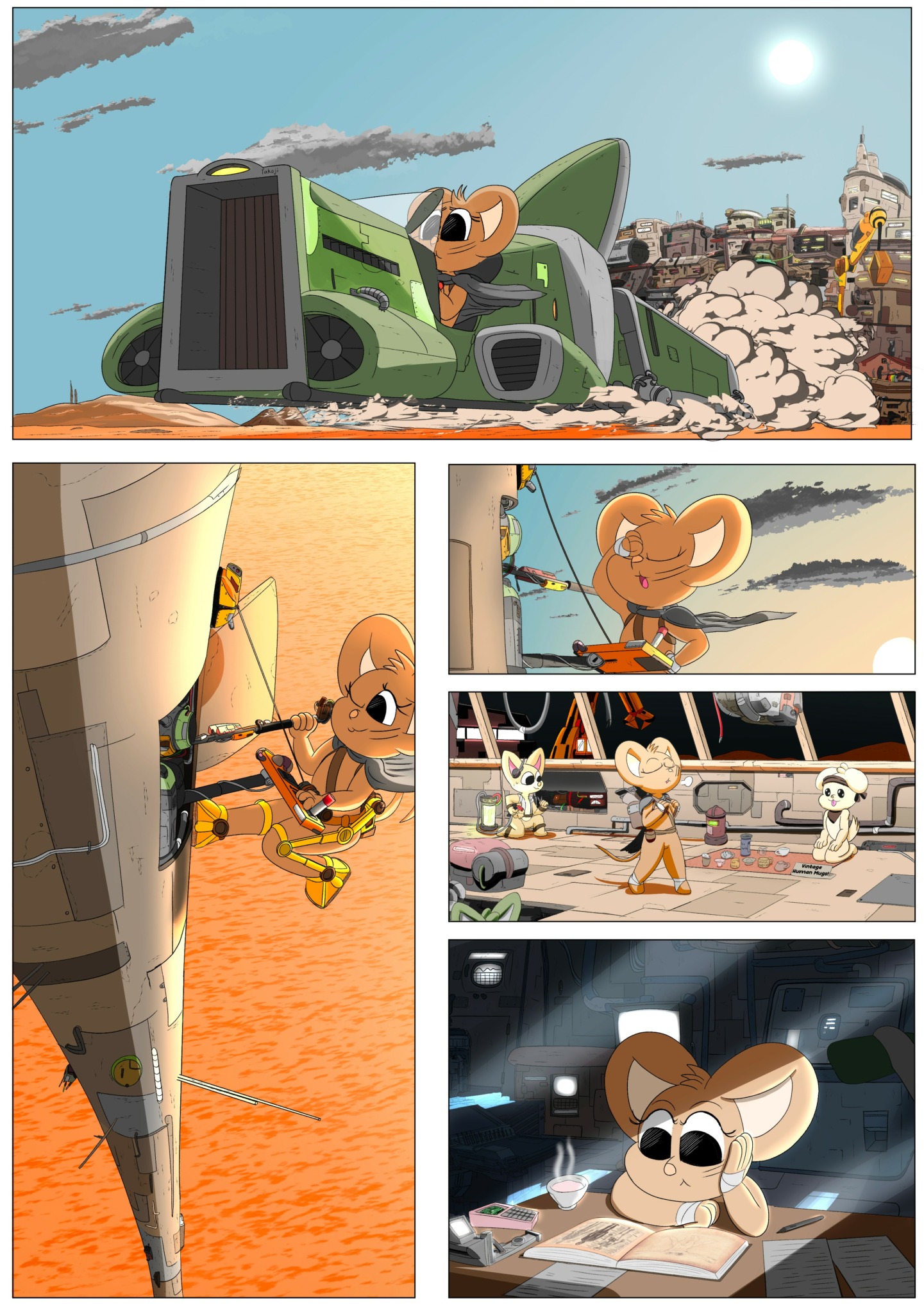 Animated scene with a green vehicle, a mouse character, and various futuristic and space elements.