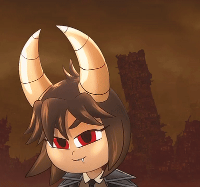 Cartoon character with horns, red eyes, and dark hair, in front of a dark, ruined background.