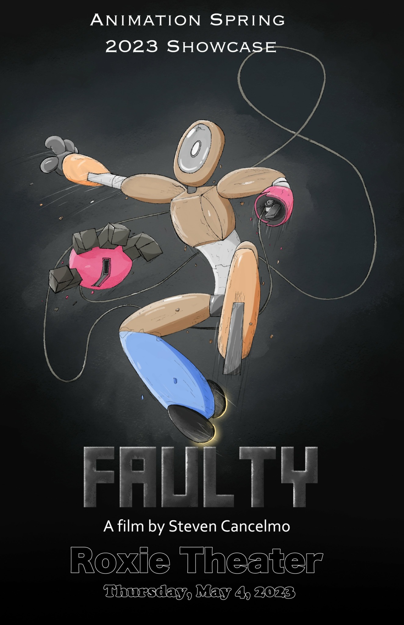 Animated robot with pink hands and blue feet jumps with a black background and text about a film showcase.