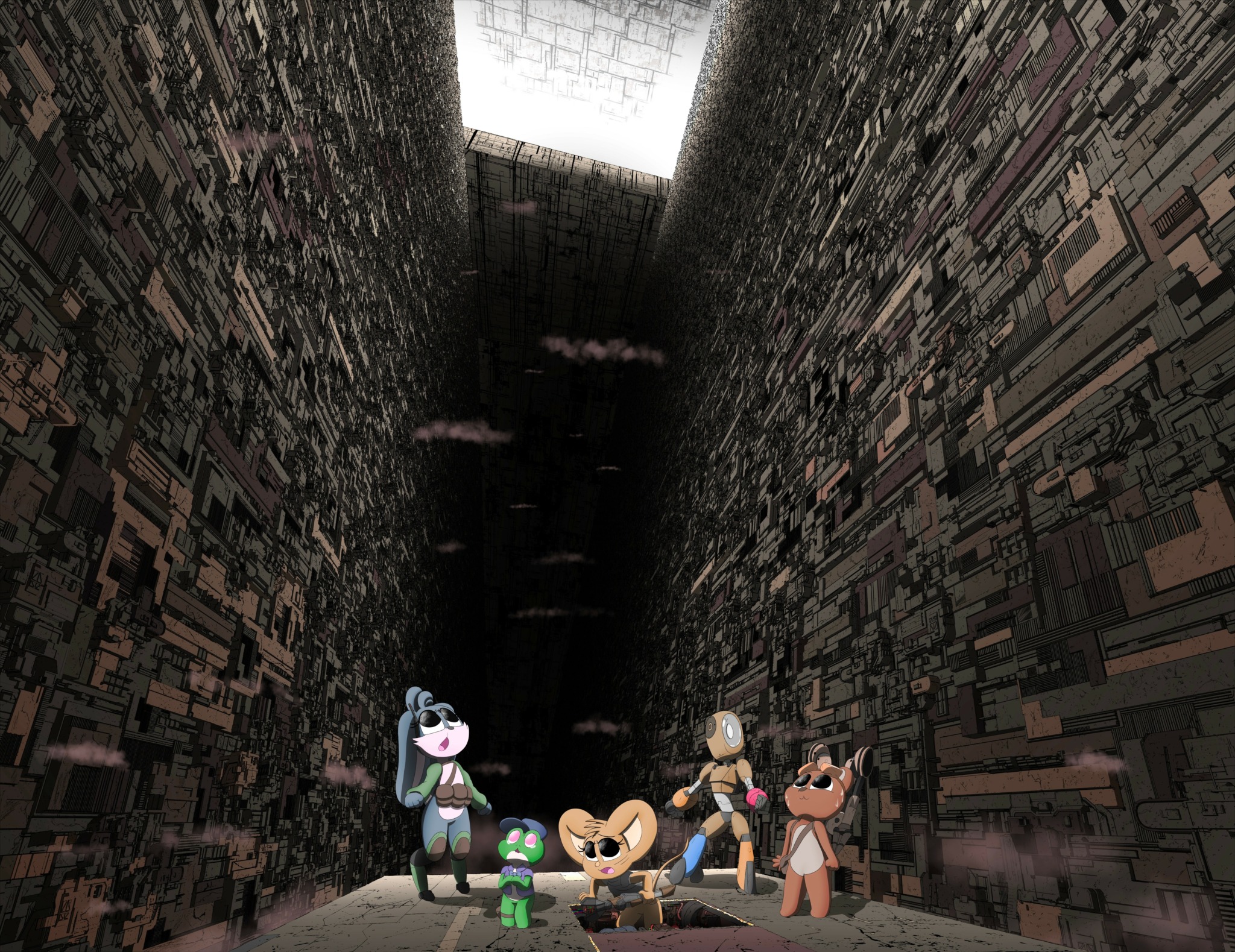 Group of animated characters standing in a dark, narrow corridor with textured walls and a bright opening above.