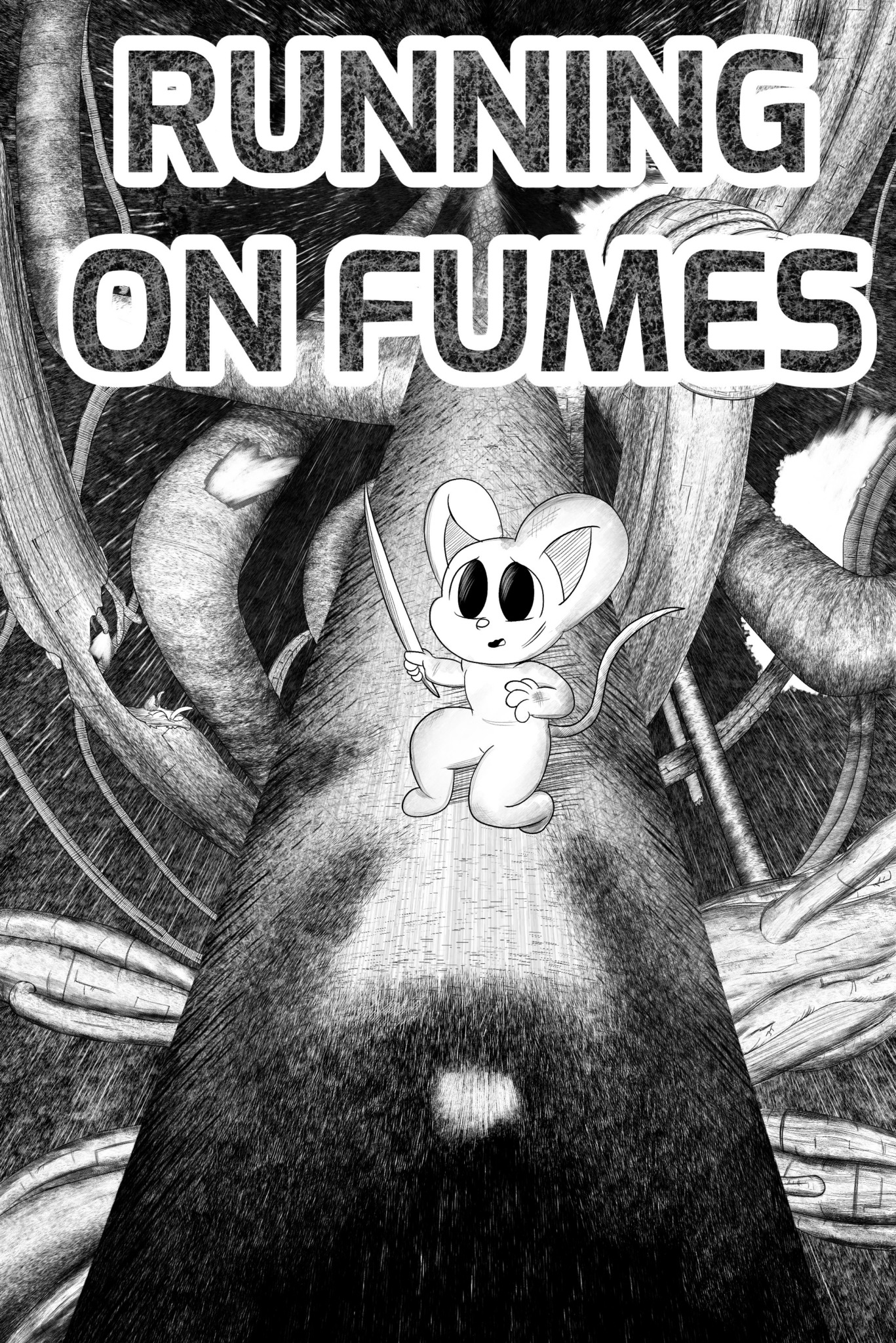 A cartoon mouse holding a sword stands on a large mushroom in a forest with large trees and foliage.