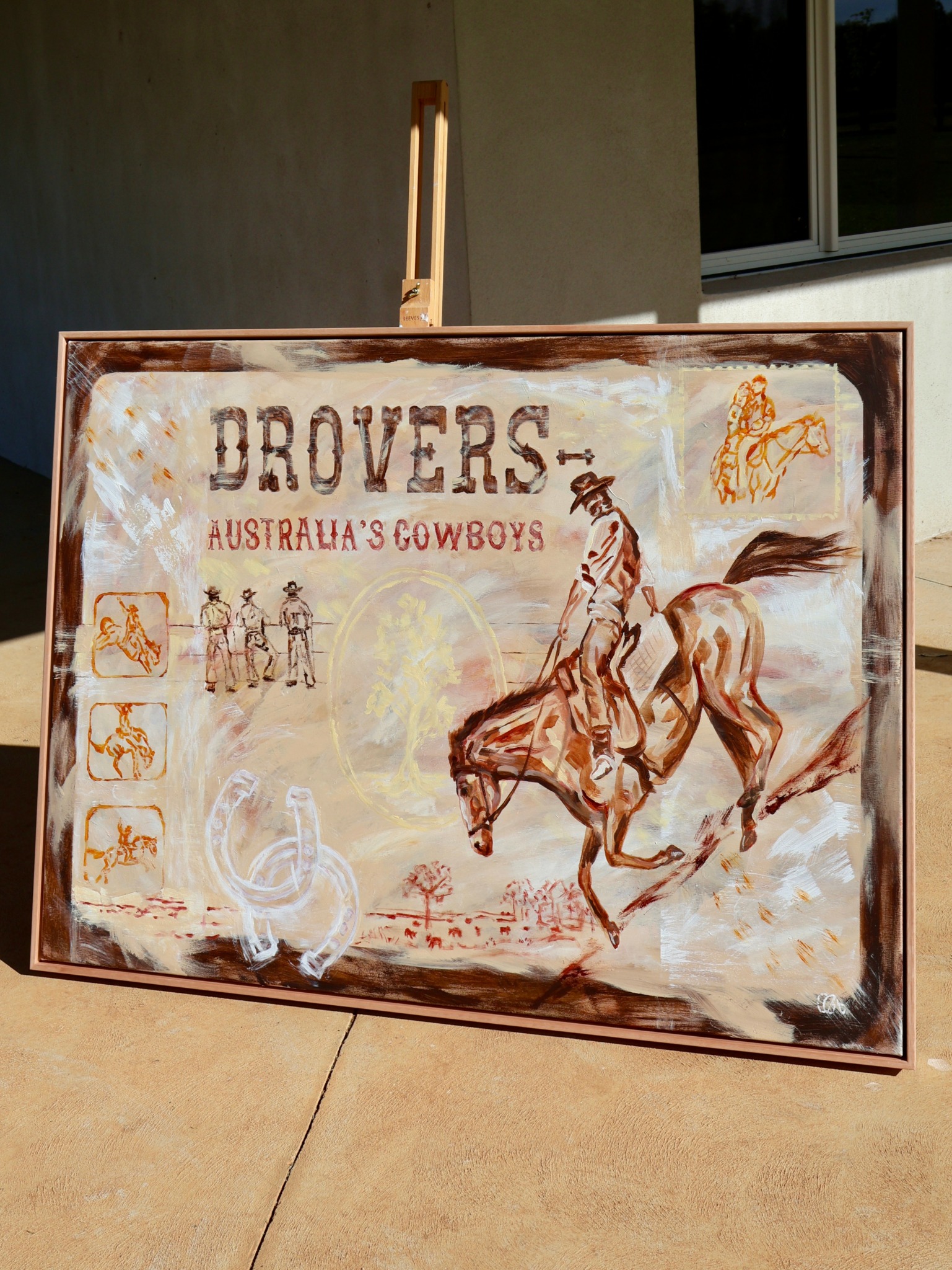 Signboard with a horse and cowboy illustrations, text about drovers and Australian cowboys, and some smaller sketches.