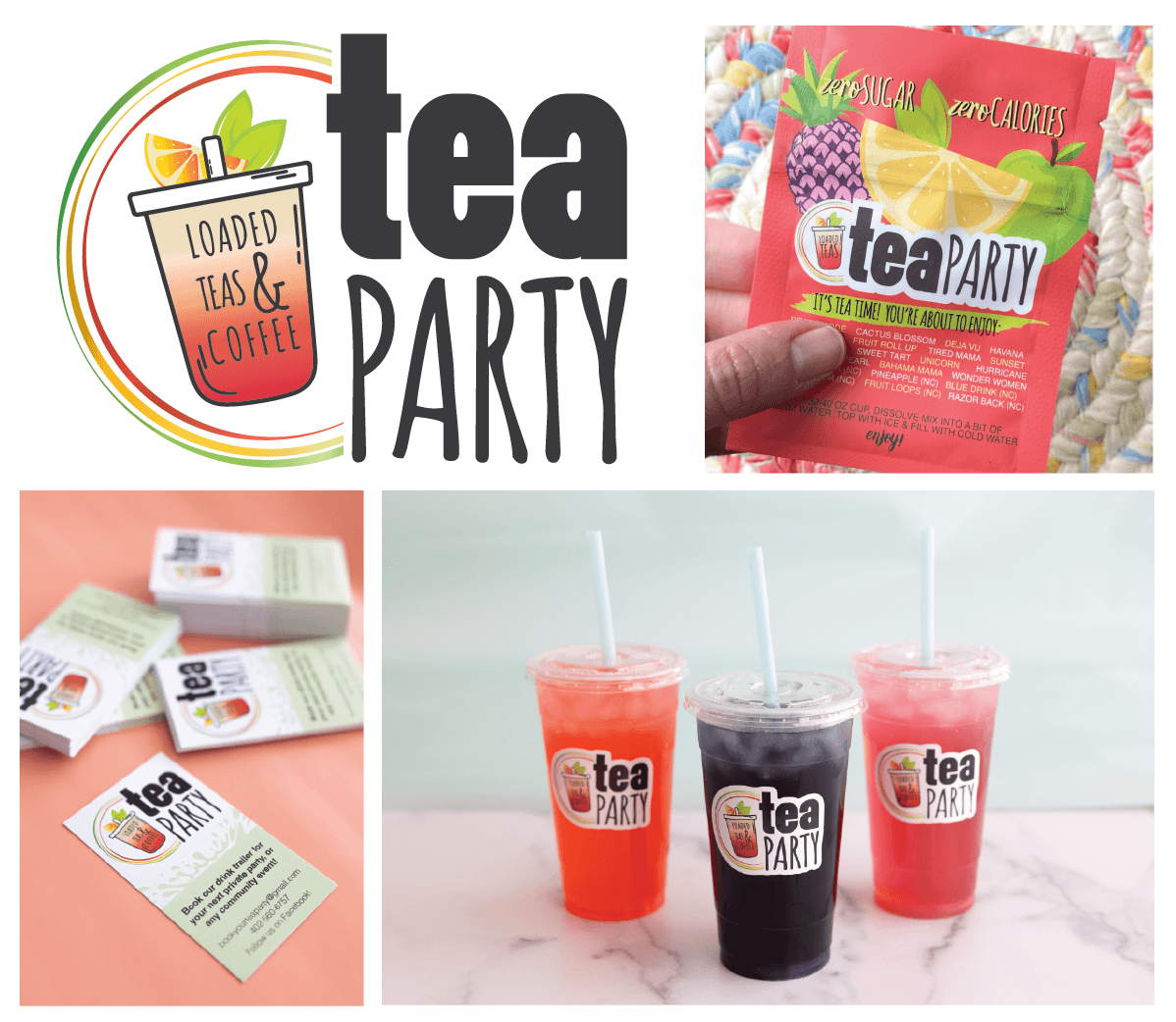 Tea party themed event with drinks, tea bags, and colorful decorations.
