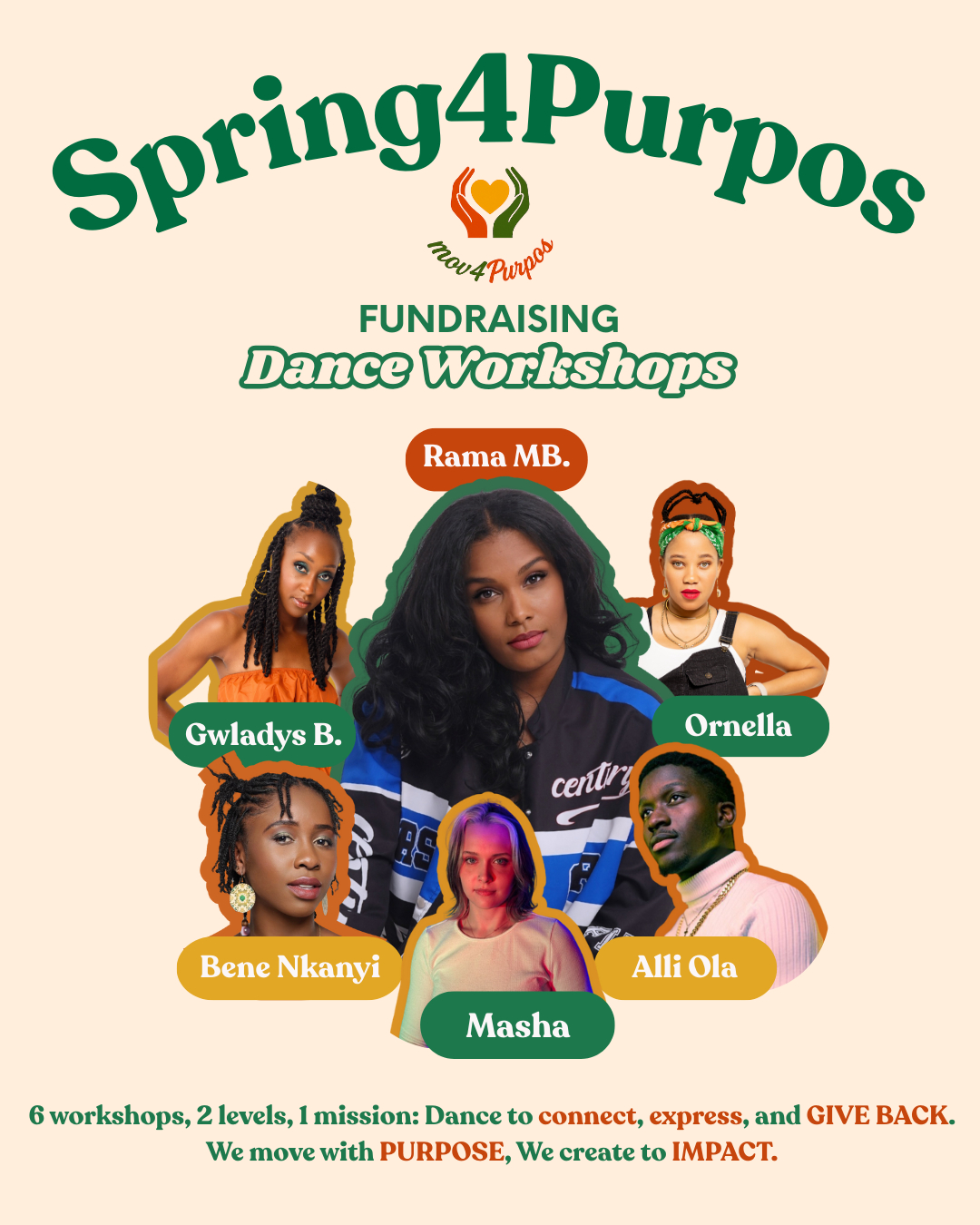Poster for Spring4Purpos fundraising dance workshops featuring six women with colorful backgrounds and text details.