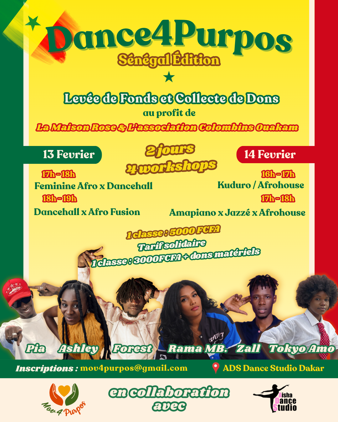 Event poster with colorful text and images of five people, promoting dance workshops and fundraising in Senegal.