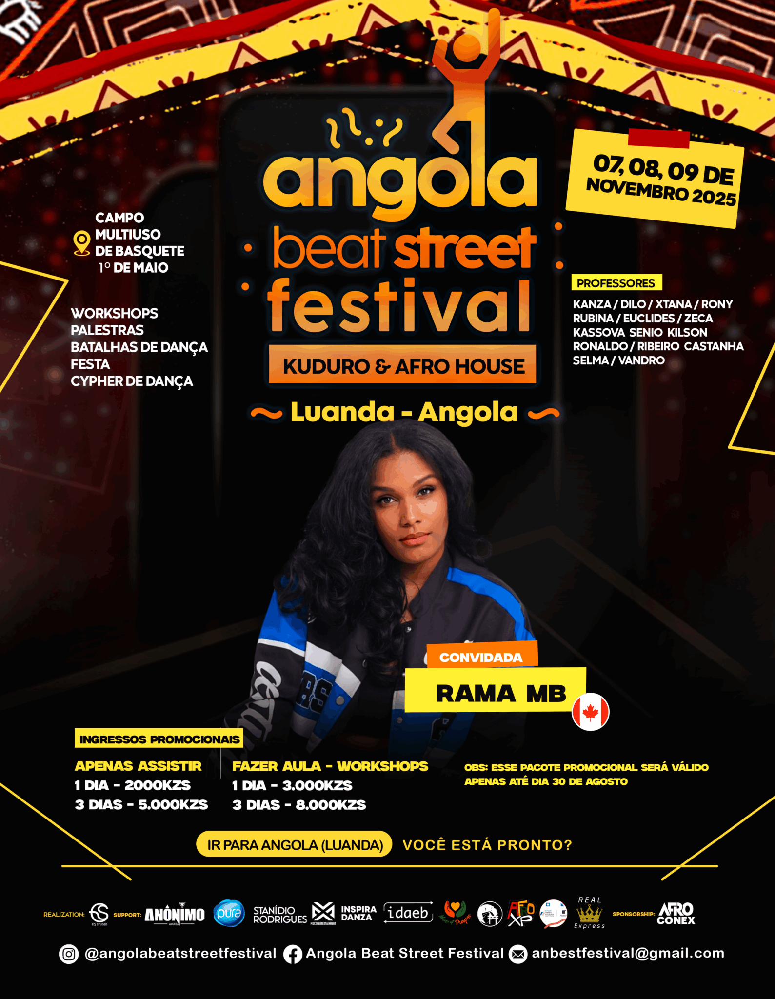 Poster for Angola Beat Street Festival with event details, performer Rama MB, and a woman with curly hair in a blue jacket.