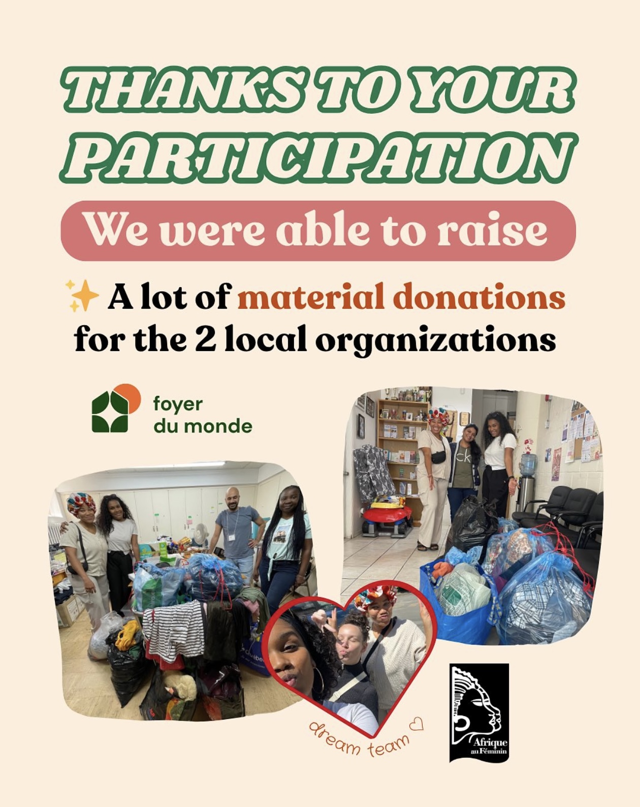 Thank you message with photos of people and donation items, logo, and heart-shaped graphic.