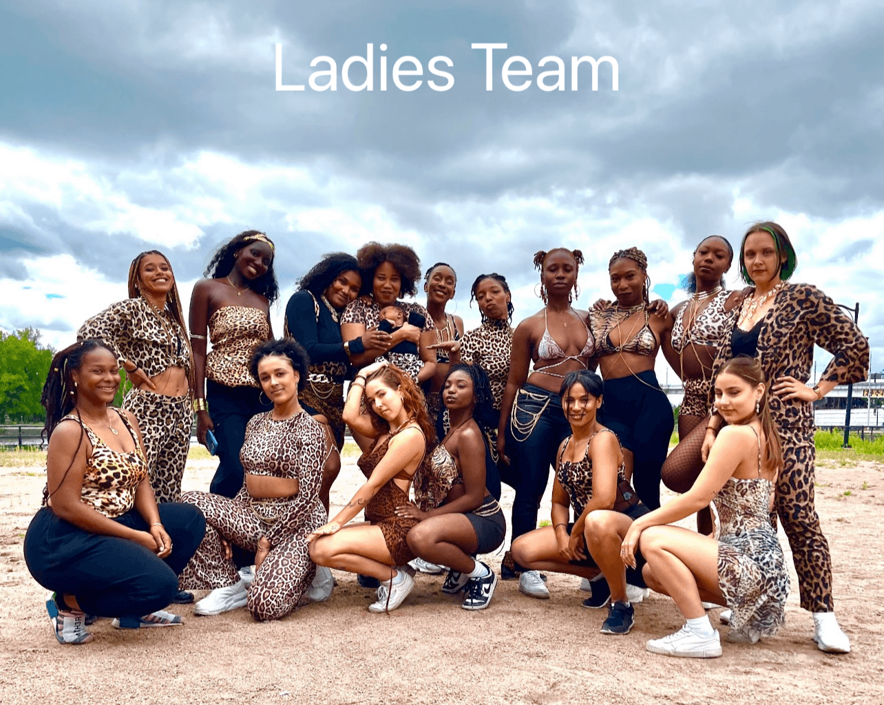 Group of women in leopard print outfits outdoors under cloudy sky, labeled 'Ladies Team'.