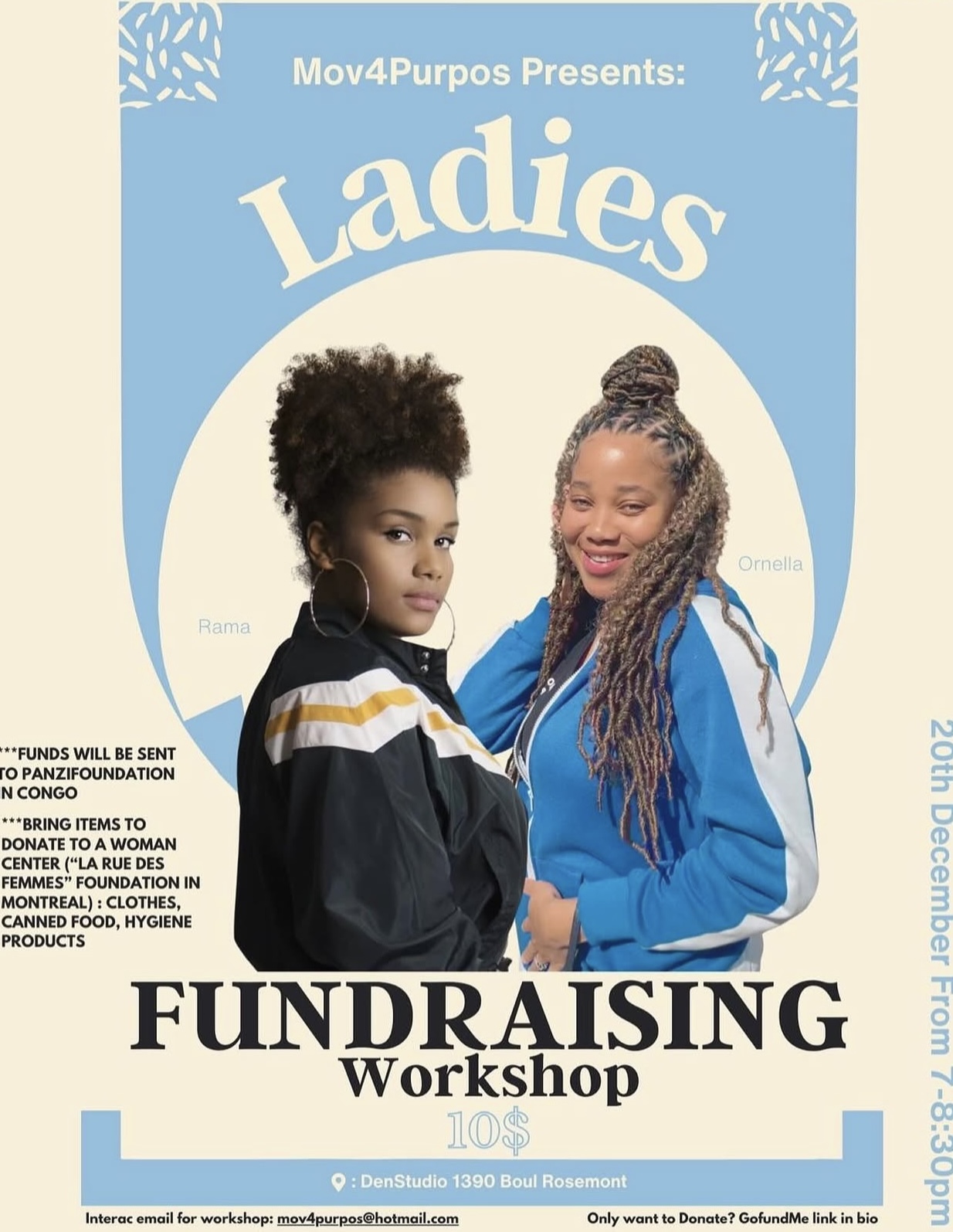 Two women with braided hair and casual clothing smiling, standing against a blue background with text about a ladies' fundraising workshop.