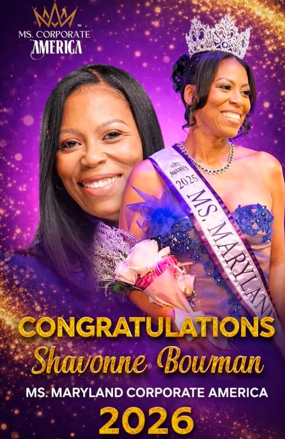 Portrait of a woman smiling, wearing a crown and sash, with a purple background and congratulatory text.