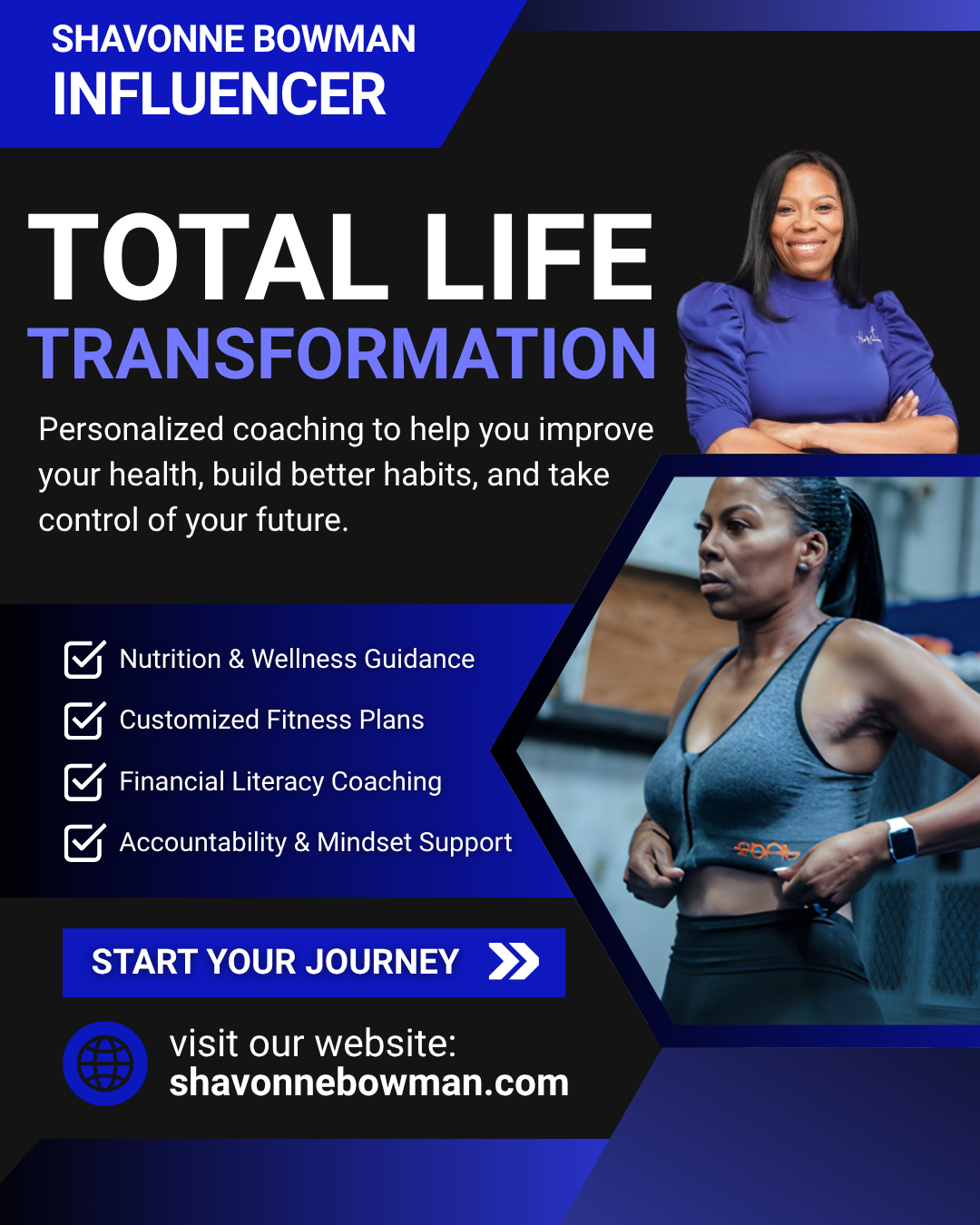 Promotional flyer for Shavonne Bowman, influencer, offering coaching on health, fitness, finance, and mindset with a woman in workout attire.