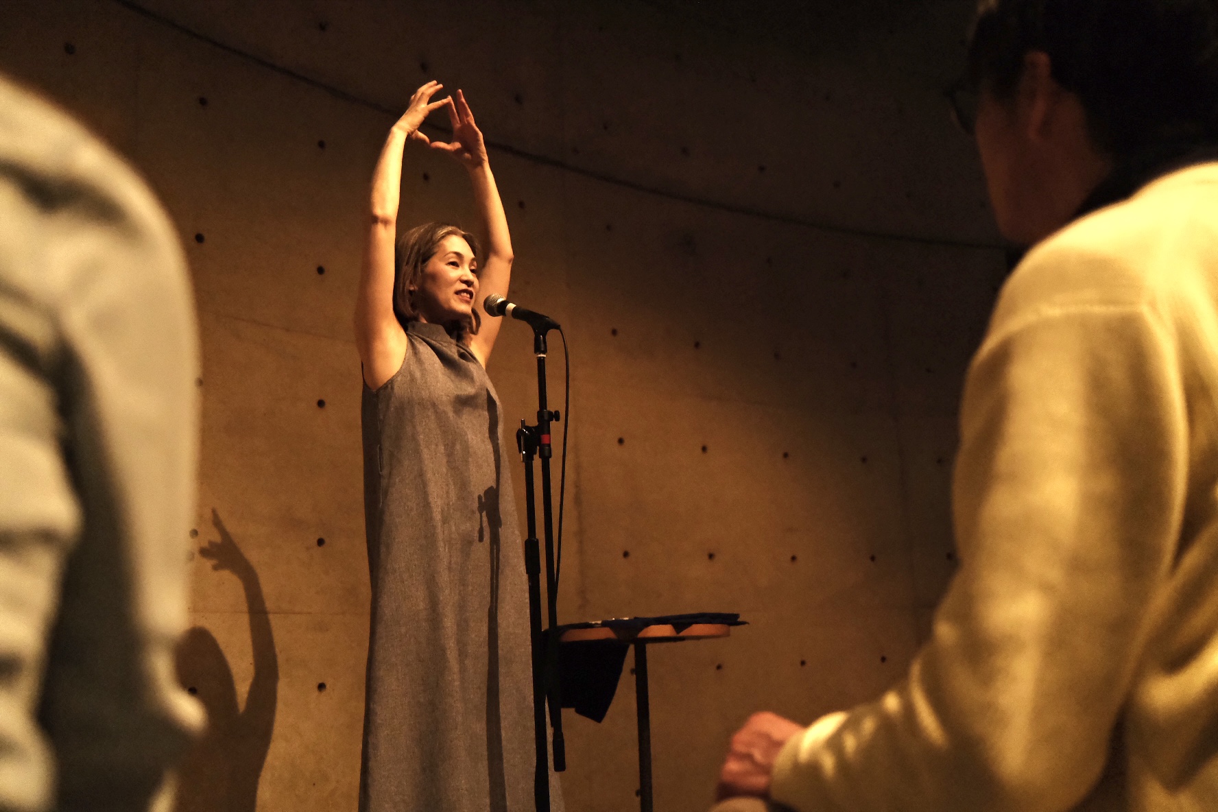 Woman on stage with arms raised, speaking into microphone, audience members visible in foreground, warm lighting, plain background.