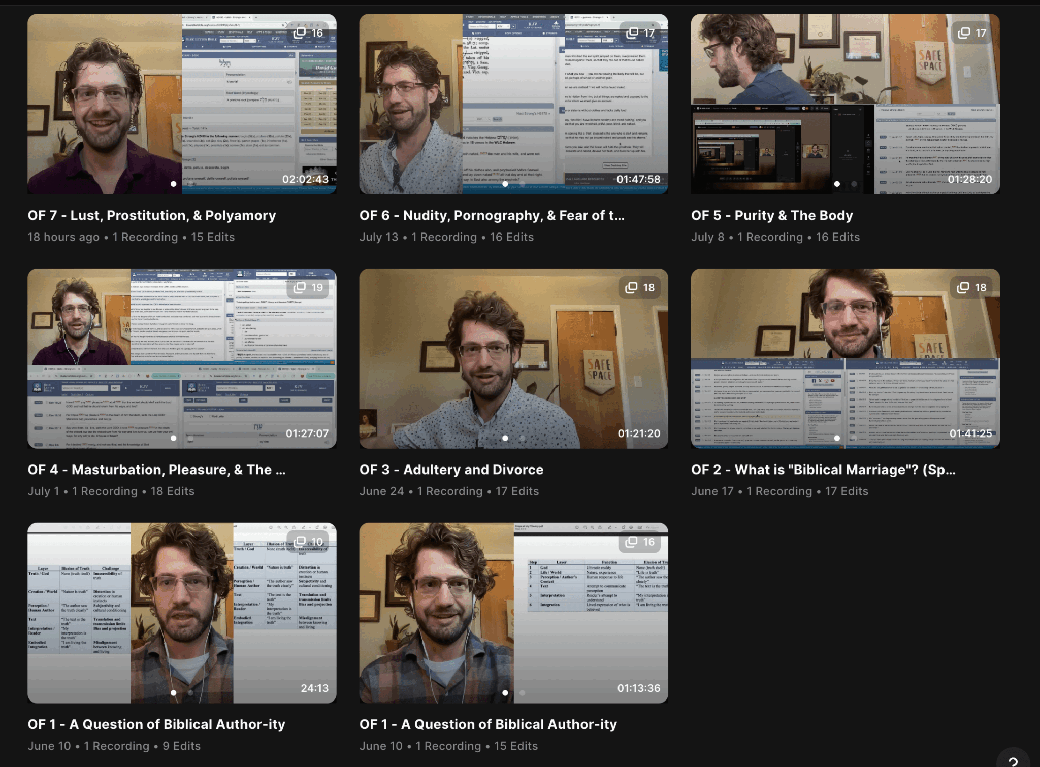 Series of nine images showing a man with glasses and curly hair in front of a computer screen, various expressions and angles.