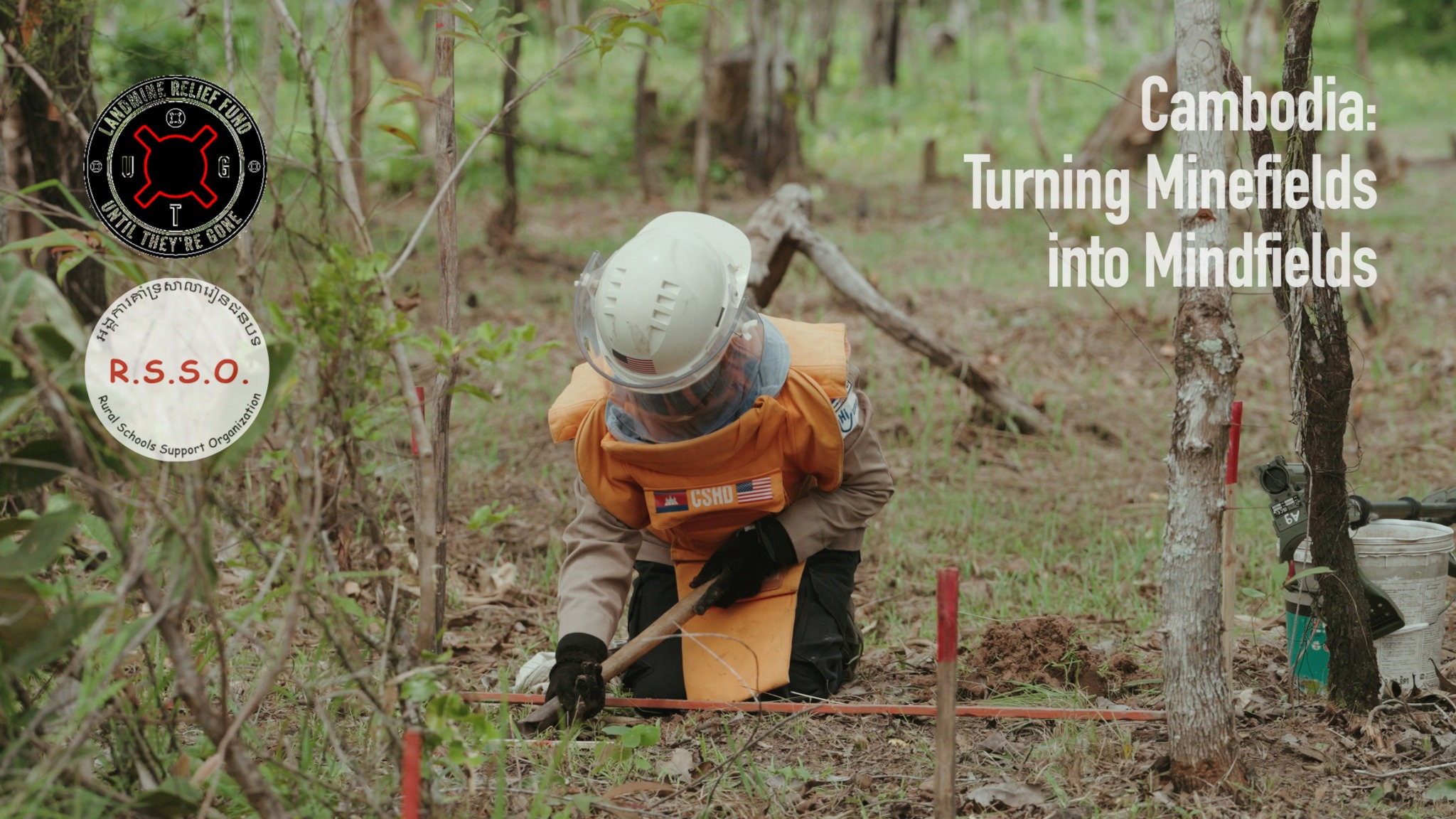 Child wearing helmet and orange vest working in a forested area with trees and plants.