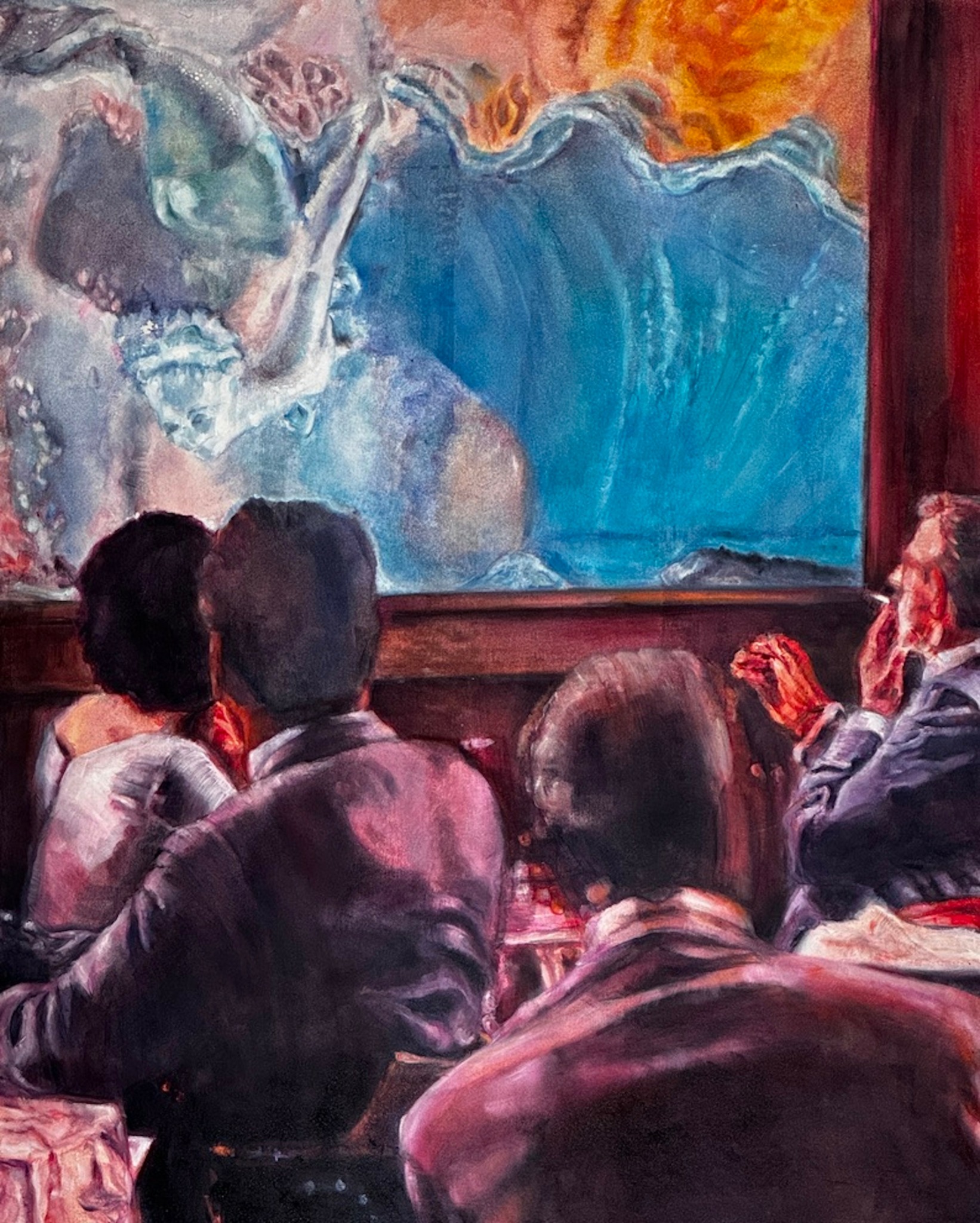 People watching a colorful painting or projection on a screen or wall in a dark room.