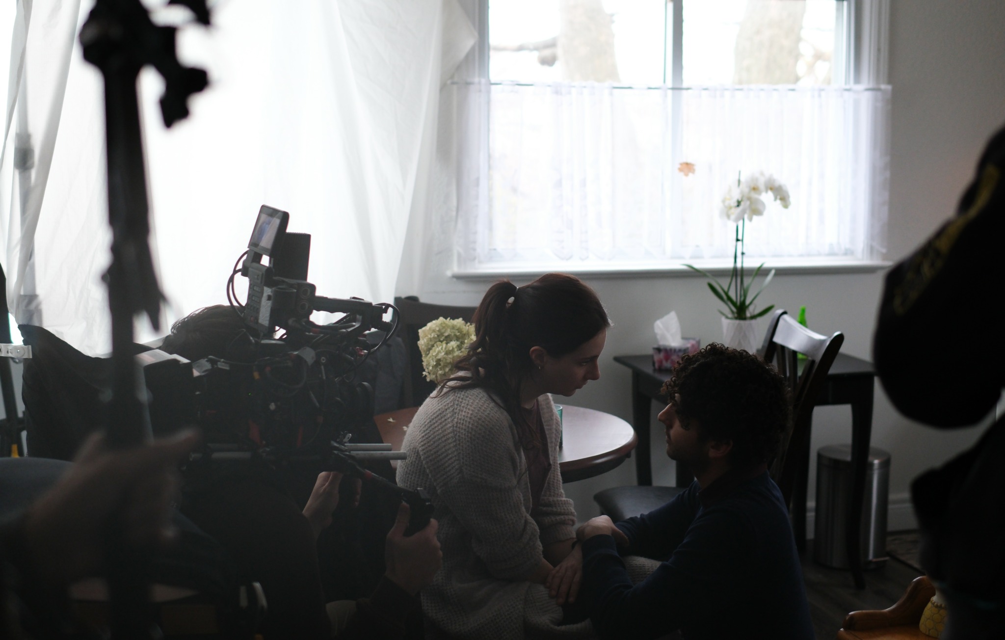 Two people sitting and holding hands in a room with a window, a table, and a potted plant.