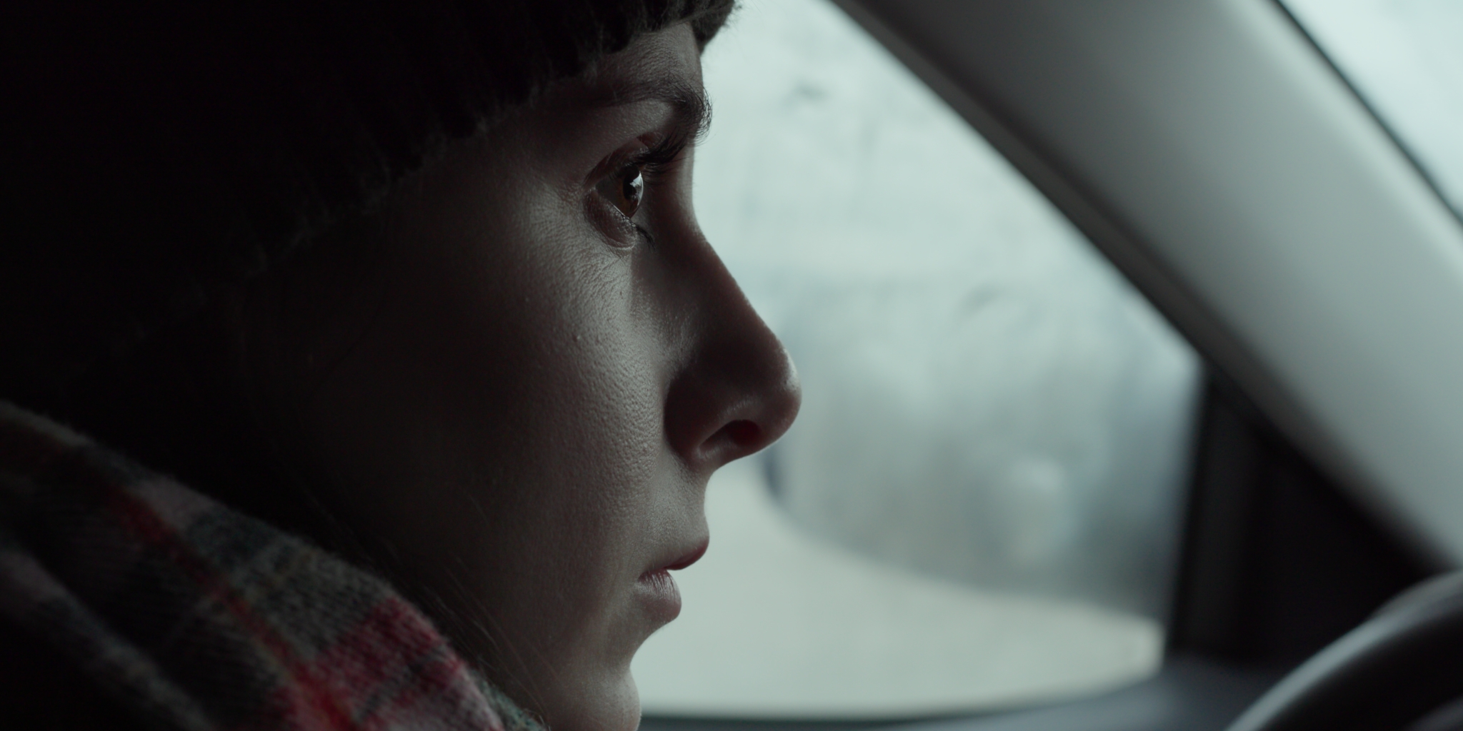 Profile of a young person looking out of a car window, with a serious expression.